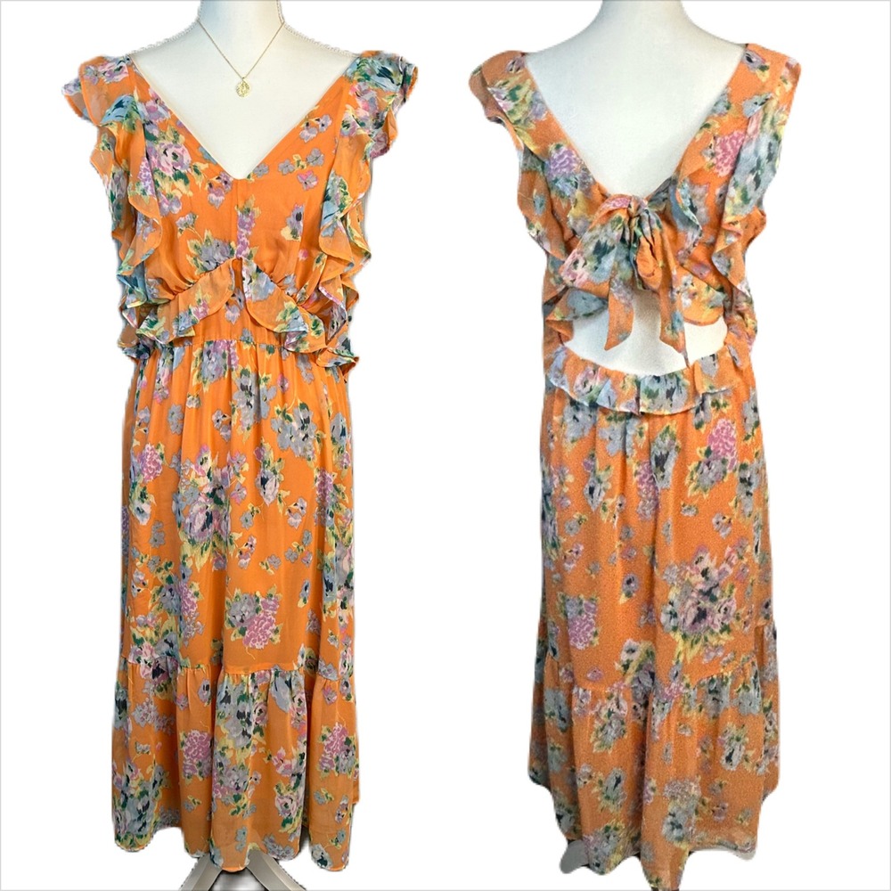 Lauren Conrad Women Y2k Maxi Dress Size L Empire Tiered Floral Ruffle Peach Blue